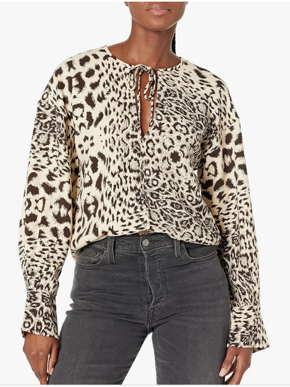 Equipment Leopard Print Tie-Neck Long-Sleeve Top - Cream/Brown Size M